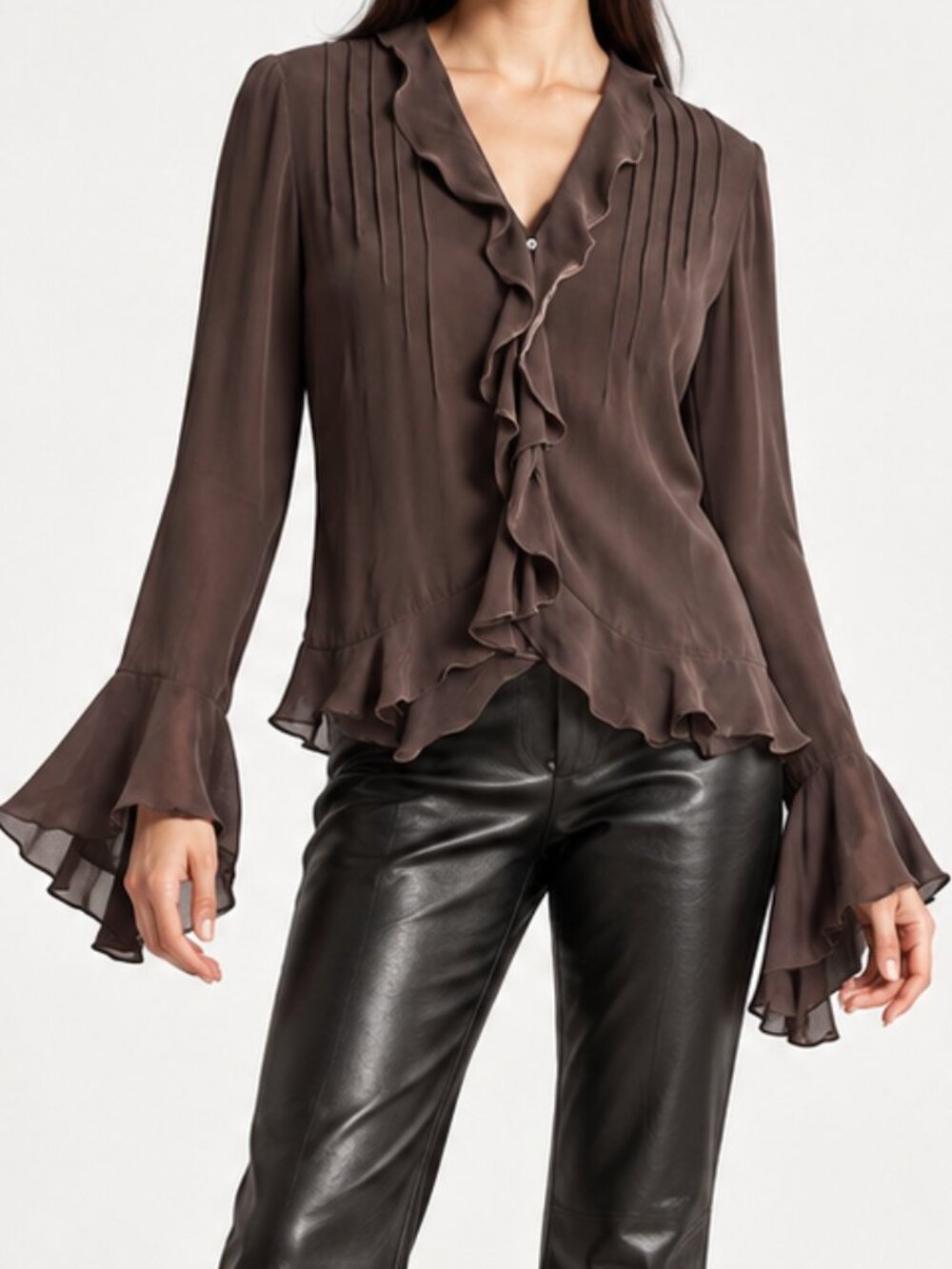 Lauren Ralph Lauren Brown 100% Silk Pintuck Ruffle Long Sleeve Blouse Size 8